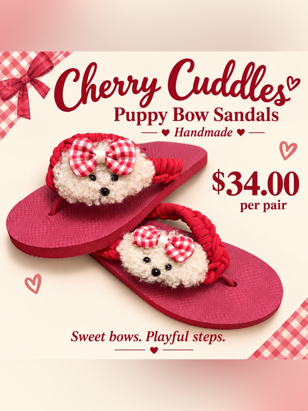 🩷. S-47. Red Puppy Bow Sandals